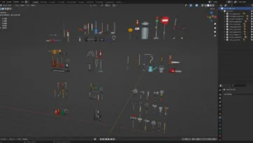 3D low poly tools and weapons collection shown in Blender 3D software interface with outliner and scene management tools