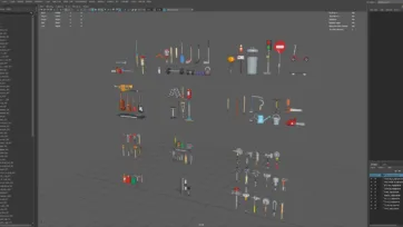 3D low poly tools and weapons asset pack displayed in Autodesk Maya 3D software interface with layer management panel