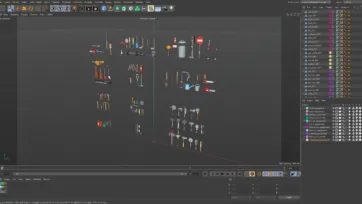 3D low poly tools and weapons collection displayed in Cinema4D software viewport with object hierarchy panel visible