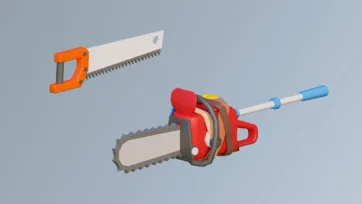 3D low poly cutting tools collection featuring orange handsaw, red chainsaw and measuring tape on blue background