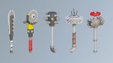 3D low poly specialized weapons and tools including spiked mace, circular saw mace, multi-pronged weapons and industrial valve