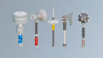 3D low poly medieval combat weapons set featuring various maces, flails, morning star and spiked battle weapons