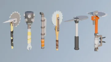 3D low poly power tools and weapons including circular saw, drill bits, mace heads, wrench and specialized cutting tools
