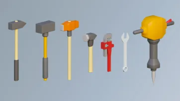 3D low poly construction tools collection featuring various hammers, drill, pipe wrench and pneumatic drill equipment