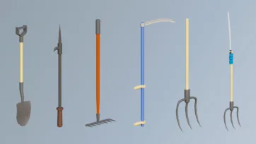 3D low poly gardening and farming tools set including shovel, awl, rake, scythe, pitchfork and spear weapons