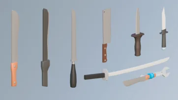3D low poly knife and sword collection with kitchen knife, combat knife, cleaver, daggers and medieval blade weapons