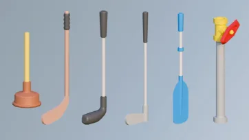 3D low poly sports and utility tools featuring plunger, hockey sticks, paddle, oar and pipe wrench on blue background