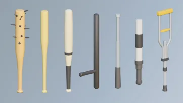 3D low poly wooden medieval weapons and tools set including spiked club, wooden clubs, hammer, crutches and construction tools