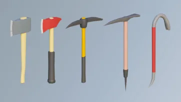 3D low poly construction and farming tools collection with block axe, red axe, pickaxes, hammer and curved sickle blade