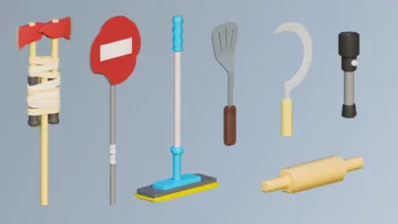 3D low poly medieval and kitchen tools set featuring wooden axe handle, stop sign, stamp tool, fork, sickle and rolling pin on blue background