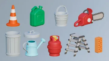 3D low poly construction and garden tools floating on blue background featuring traffic cone, gas can, bucket, chainsaw, trash can and other utilities