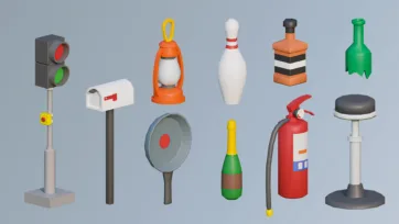 3D low poly utility items and equipment floating on blue background with traffic light, mailbox, lantern, bottles, frying pan and fire extinguisher