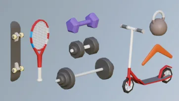 3D low poly sports and fitness equipment floating on blue background including skateboard, tennis racket, dumbbells, barbell, kettlebell and scooter