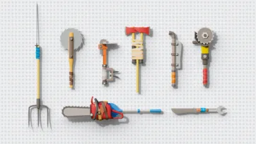 3D low poly farming and medieval weapons collection with pitchfork, circular saw, axes, flails, pipes and specialized tools