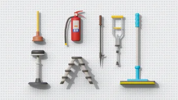 3D low poly maintenance and safety equipment featuring plunger, fire extinguisher, crutches, folding ladder and platform jack