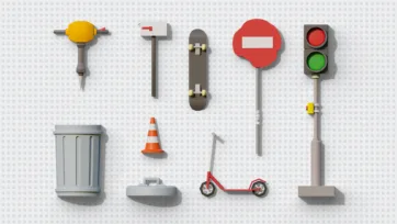 3D low poly utility and traffic tools including pickaxe, hammer, skateboard, stop sign, traffic light, trash can and scooter