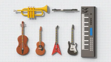 3D low poly musical instruments collection featuring trumpet, flute, violin, acoustic guitar, electric guitar and electronic keyboard