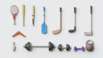 3D low poly sports and fitness equipment set with tennis racket, baseball bat, oar, hockey sticks, dumbbells and kettlebell