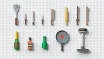 3D low poly kitchen tools and cooking utensils featuring various knives, cleaver, rolling pin, frying pan and paint roller