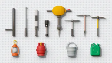 3D low poly medieval and mining tools collection with pickaxes, hammers, lantern, gas tank, bucket and various hand tools
