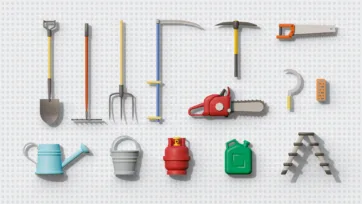 3D low poly garden and construction tools set featuring shovel, pitchfork, scythe, chainsaw, handsaw, watering can, bucket, gas tank and ladder