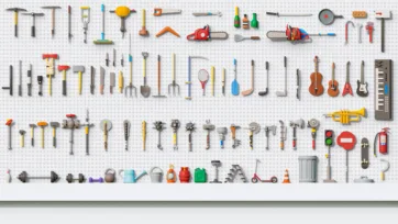 3D low poly tools and weapons collection displayed on white pegboard including hammers, saws, knives, musical instruments, garden tools, and medieval weapons