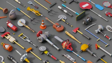 3D low poly tools and weapons collection arranged in diagonal scattered layout on dark surface with various equipment types