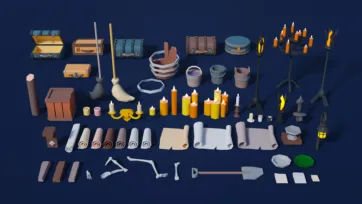 3D low poly medieval study tools including suitcases, candles, scrolls, buckets and skeleton bones