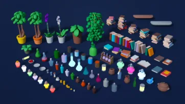 3D low poly magical study collection with potted plants, books, alchemical bottles and potion ingredients