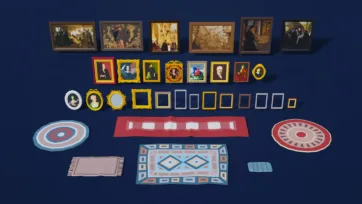 3D low poly classical paintings and picture frames collection with religious art, portraits and decorative rugs