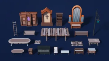 3D low poly church furniture collection including confessional booth, pipe organ, altars, benches and religious accessories