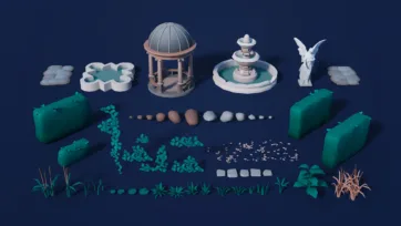 3D low poly garden decorations with gazebo, fountain, angel statue and landscaping elements for cemetery scenes