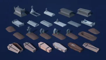 3D low poly coffins, graves and burial elements with various styles and memorial configurations