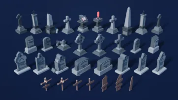 3D low poly tombstones and headstones collection with crosses, obelisks and various memorial designs