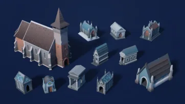 3D low poly church and chapel buildings set with various gothic architectural styles and designs
