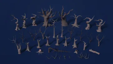 3D low poly collection of bare winter trees and branches for cemetery and gothic scene creation