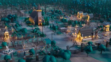 3D low poly complete cemetery scene showcasing illuminated church, graveyard sections, mausoleums and atmospheric winter lighting