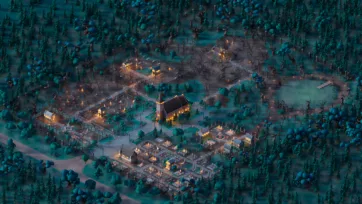 3D low poly aerial view of comprehensive cemetery complex with church, graveyard sections and forest surroundings