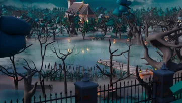 3D low poly lakeside cemetery with wooden dock, bare trees and atmospheric mist setting