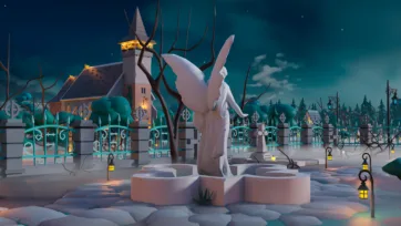 3D low poly angel statue memorial in winter cemetery with church tower and atmospheric lighting