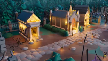 3D low poly grand cemetery complex with multiple mausoleums, gothic architecture and candlelit pathways