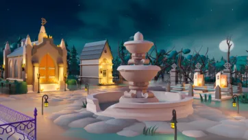 3D low poly tiered fountain surrounded by cemetery buildings and ornate fencing