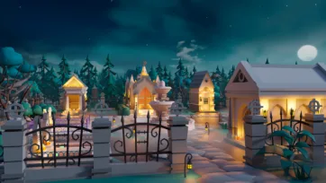 3D low poly moonlit cemetery village with multiple gothic buildings, fountain and atmospheric night setting