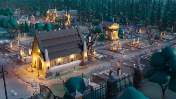 3D low poly cemetery complex with illuminated chapel, mausoleums and tombstones