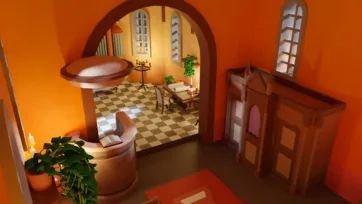 3D low poly church sanctuary interior with pipe organ, altar area and warm atmospheric lighting design