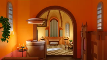 3D low poly church interior showing baptismal font area with warm orange lighting and ornate architectural details