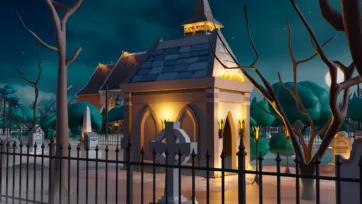 3D low poly atmospheric cemetery chapel with bell tower and gothic windows surrounded by bare trees