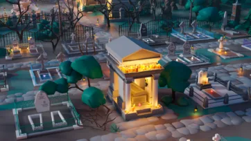 3D low poly elaborate classical tomb with columns, pediment and candle lighting surrounded by cemetery grounds
