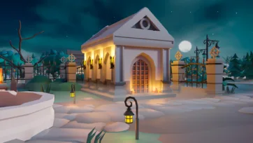 3D low poly classical mausoleum with columned entrance, steps and warm interior lighting in cemetery