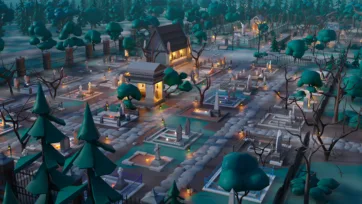 3D low poly detailed cemetery with various grave markers, monuments and evergreen trees